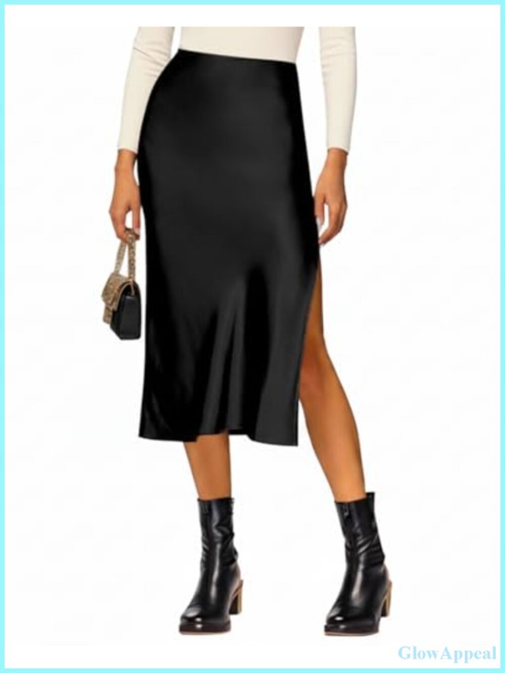 Satin High Waisted Midi Skirt with Side Slit Casual Skirt for Women